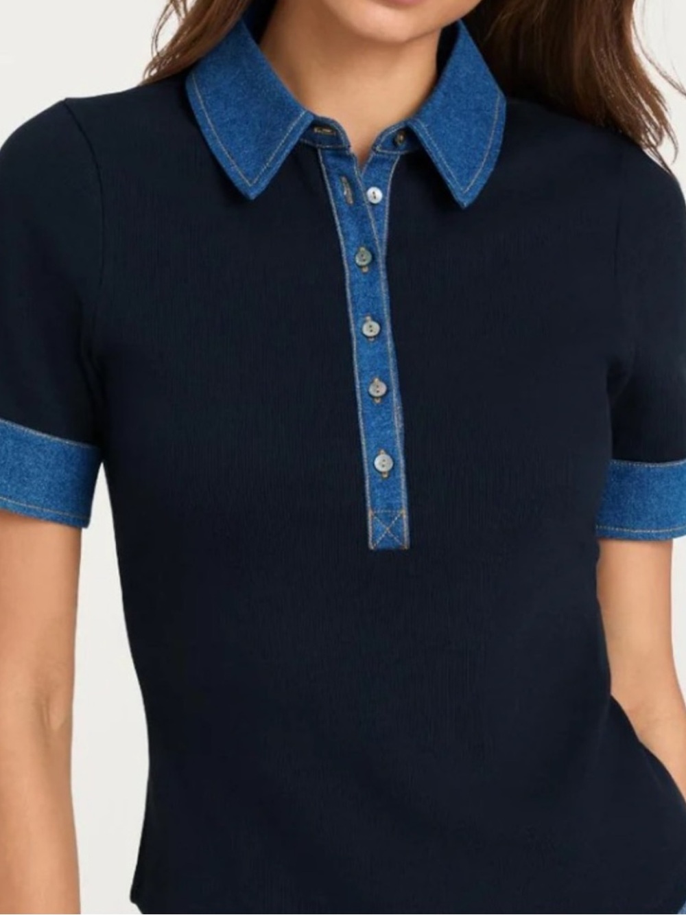Denim-Trim Navy Short Sleeve Polo Tee